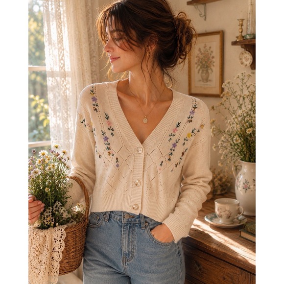 Willow & Wind Sweaters - Willow & Wind XS Embroidered Cardigan Cottagecore Coquette Floral Crop Sweater‎